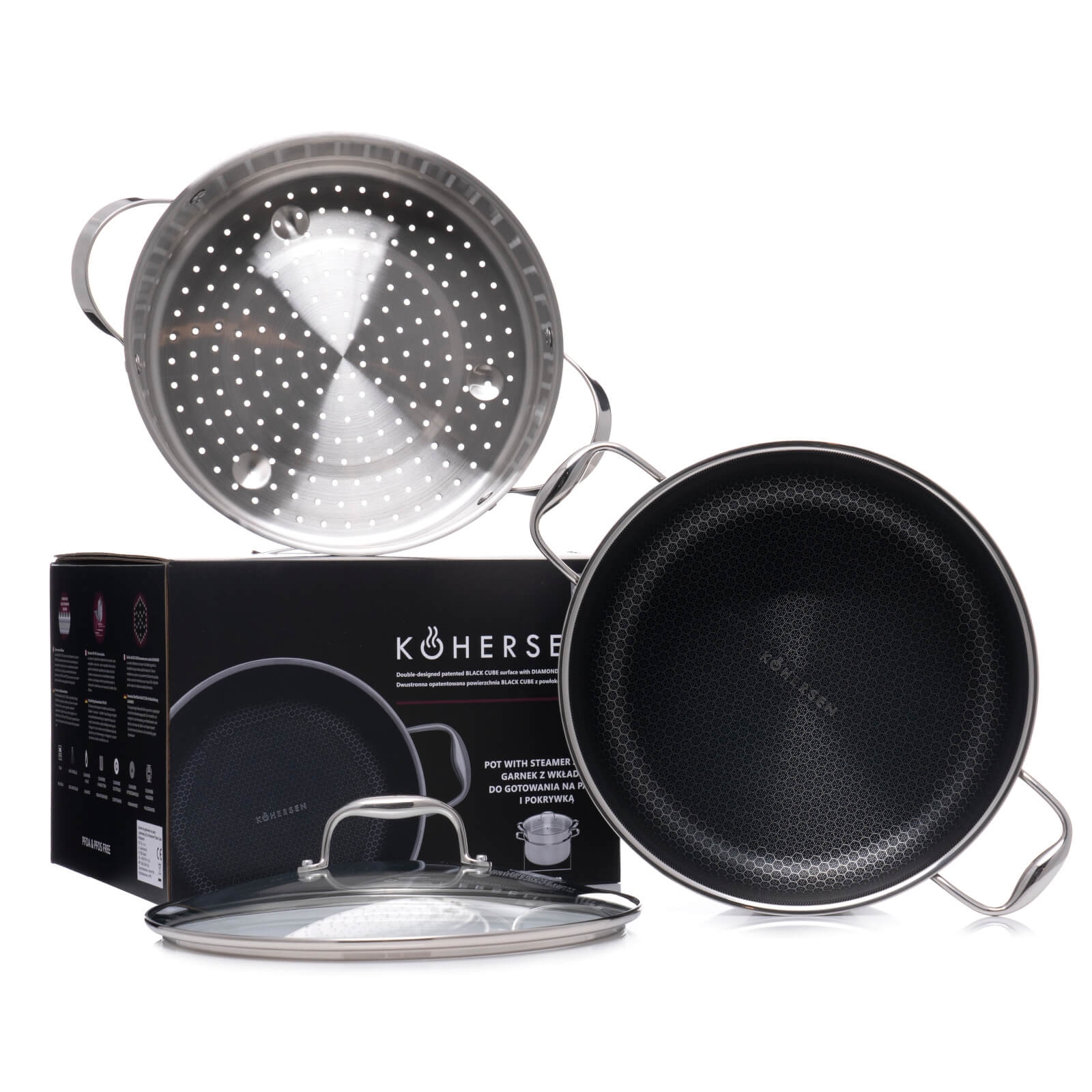 Garnek z powłoką DIAMOND Kohersen Black Cube 28 cm, 8,3 l z dodatkową funkcją gotowania na parze