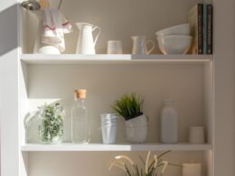 bowls and bottles in white wooden 4-layer shelf